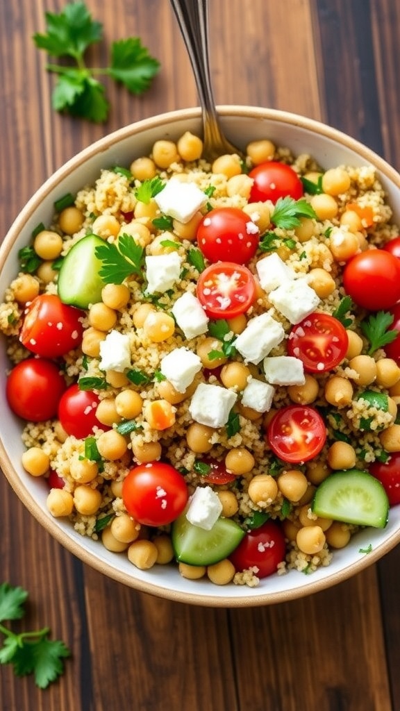 A colorful Mediterranean chickpea quinoa salad with tomatoes, cucumbers, parsley, and feta cheese in a bowl.
